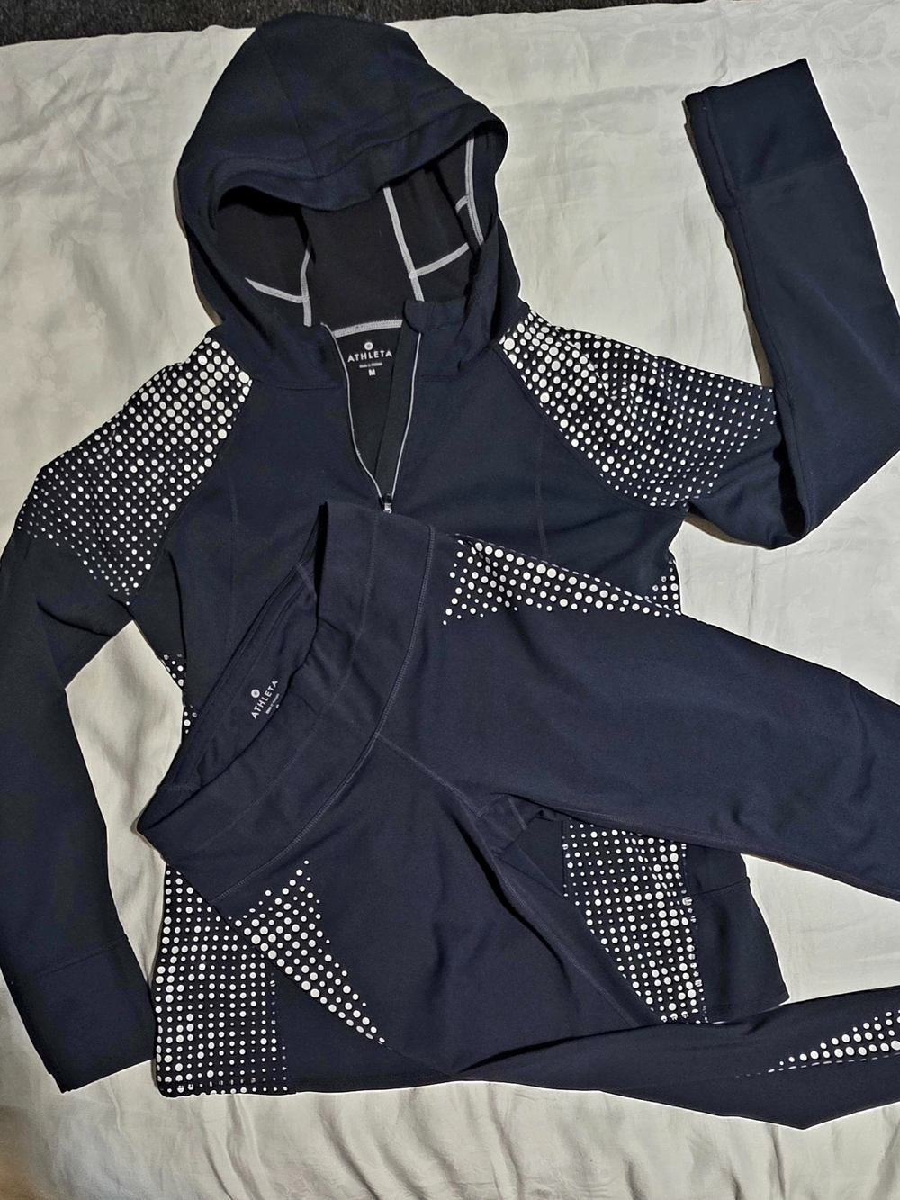 Athleta Navy Hoodie and Leggings Set with White Dot Details